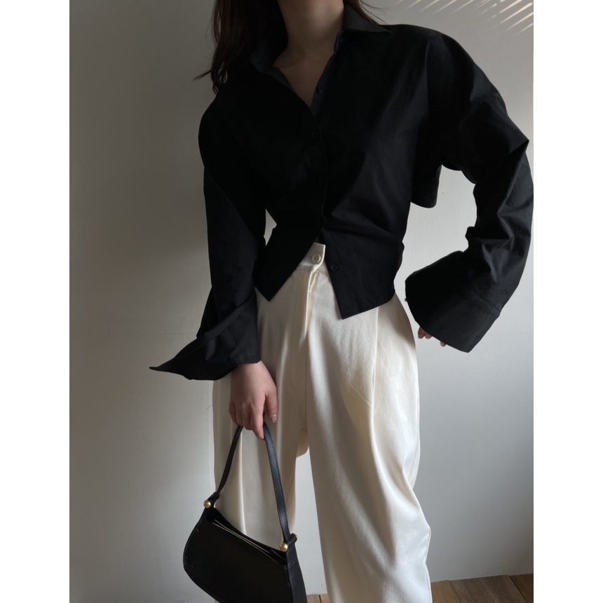 Áo sơ mi sexy cài cúc hở lưng thắt dây lưng dây chéo phong cách Hàn Quốc