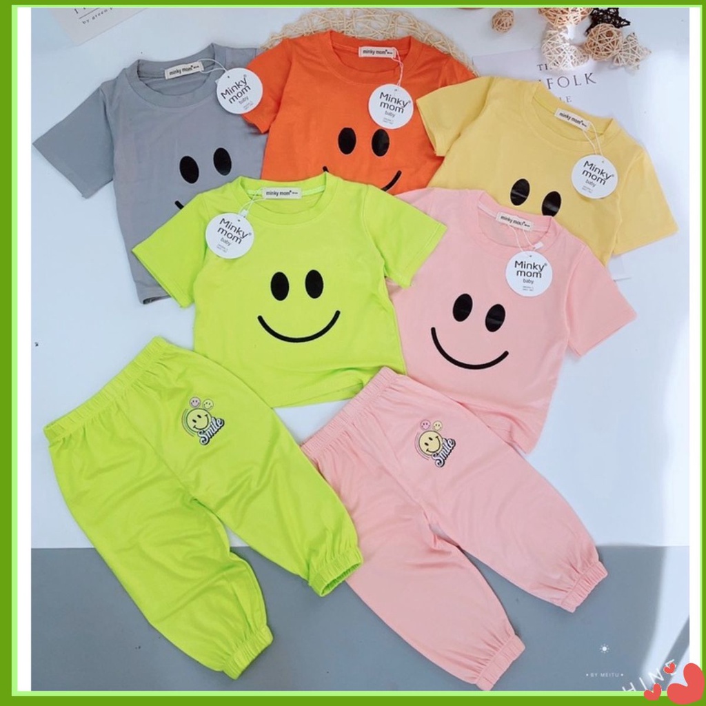 [Size 7-18kg] Bộ Áo Cộc Tay Quần Dài Vải Thun Lạnh Minky Mon Hình Mặt Cười Cho Bé