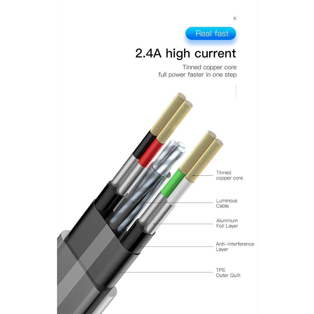 Cáp sạc có đèn Led phát sáng cực đẹp Baseus chuẩn dành cho các đời iphone có thể truyền data chuẩn