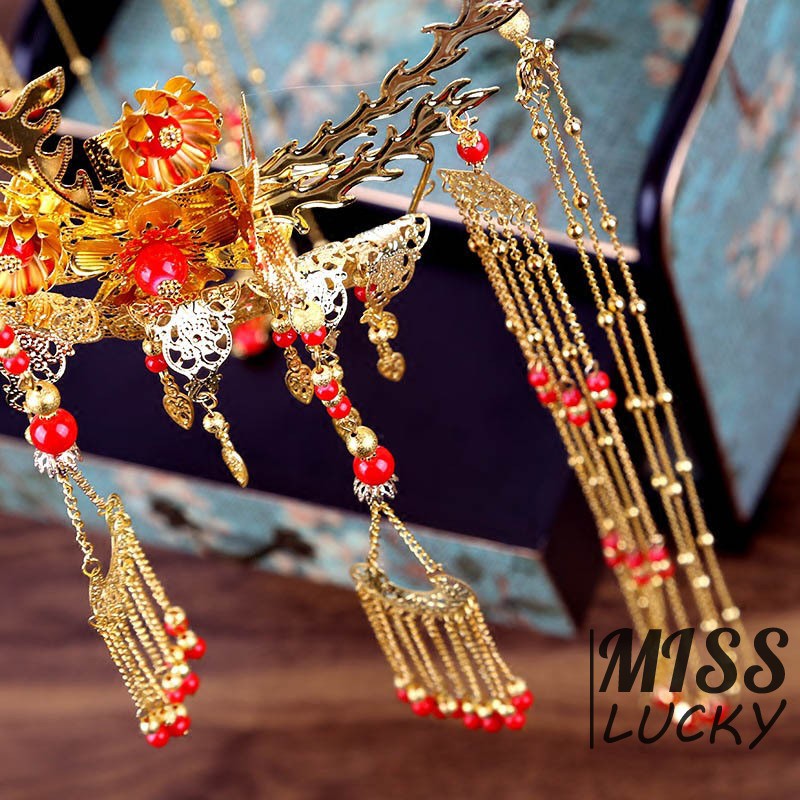 New Bride's Headwear Golden Costume Headdress Chinese Phoenix Coronet Hair Ornament Cheongsam Dress Tiara