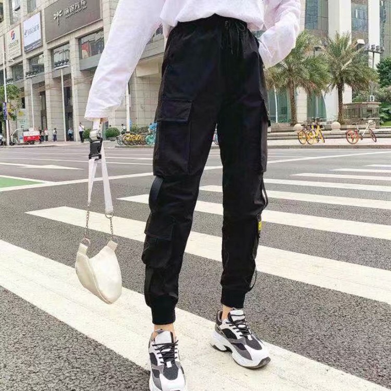 Quần dài IELGY lưng cao dáng rộng màu đen phong cách thể thao năng động thời trang dành cho nữ