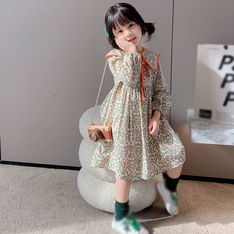 Đầm tay dài in hoa chất liệu polyester thoáng khí phong cách Hàn Quốc cho bé gái