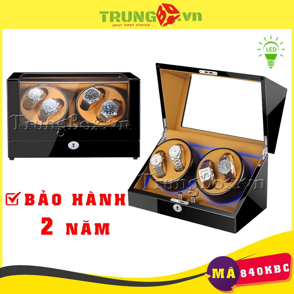 [BH 2 NĂM] Hộp Xoay Đồng Hồ 4 Cơ Vỏ Gỗ Sơn Mài (Đèn LED) - Mã 840KBC