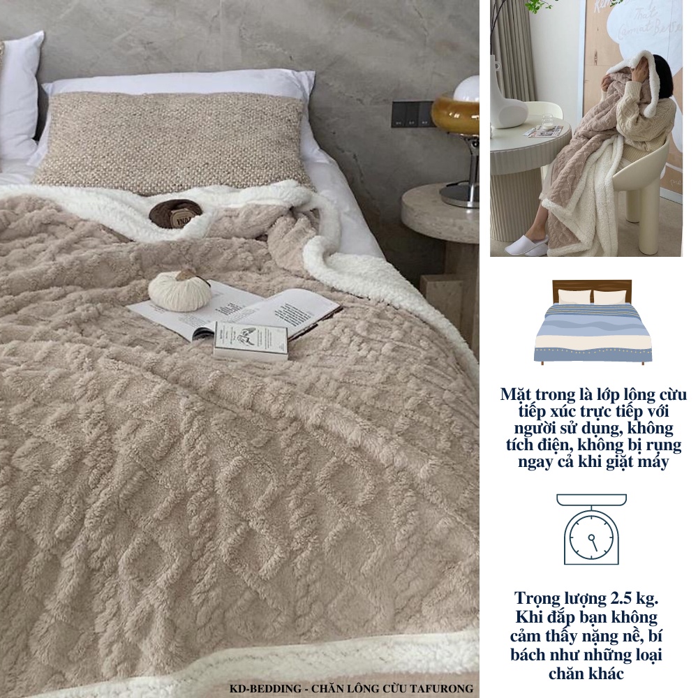 Chăn lông cừu Tafurong cao cấp nhập khẩu. mền cừu len vặn thừng ấm áp thế hệ mới KD BEDDING kích thước 2m x 2m3