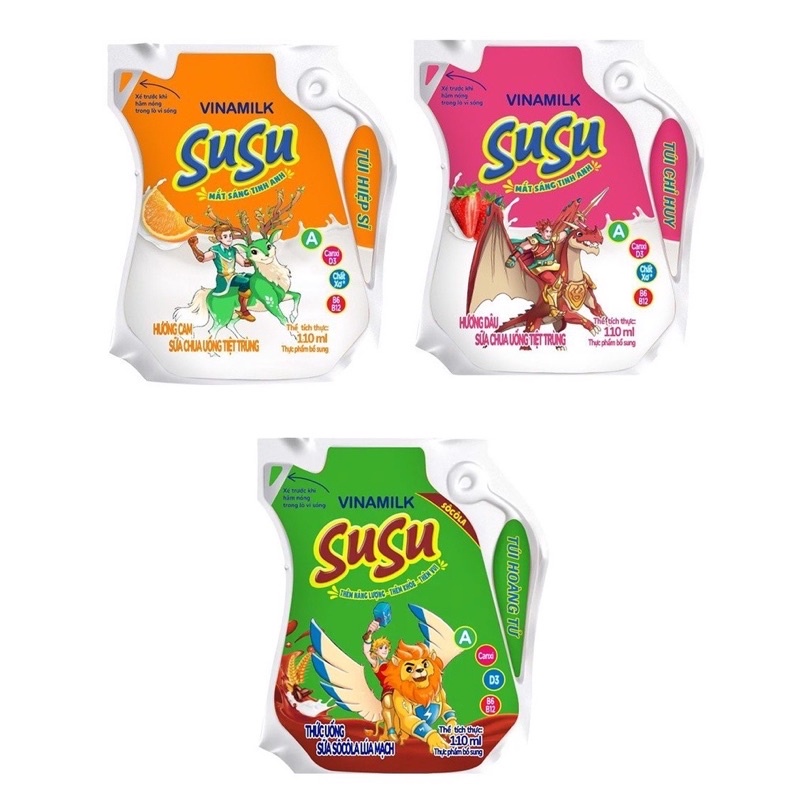 Sữa Chua Uống Susu Vinamilk túi 110ml, Sữa Susu, Sữa Tiệt Trùng Hương Cam, Dâu, Sô Cô La