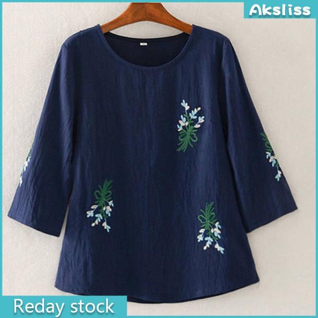 aksdiss New stock HOT! Women  Milk  Silk  T-shirt Embroidery Solid Background Large Size Seventh-sleeve Loose T-shirt