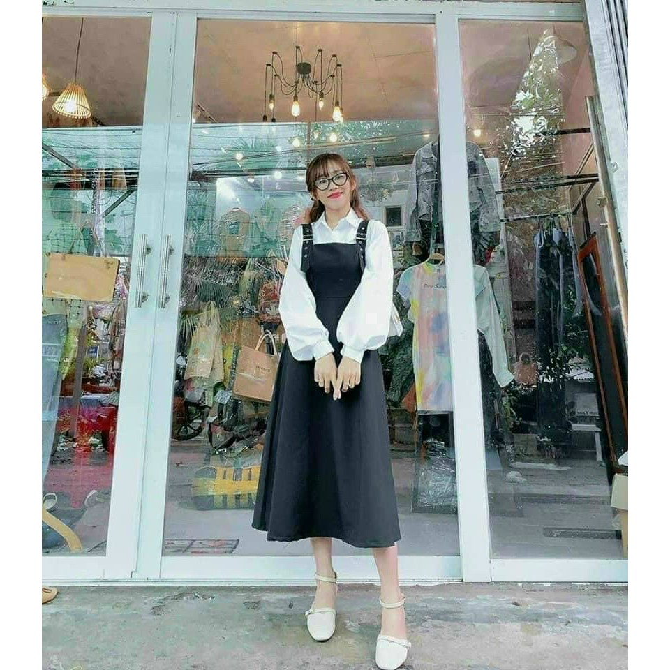 (Hàng sẵn) ✔️Set yếm khuy kèm sơ mi tay phồng nữ hothit💙 | BigBuy360 - bigbuy360.vn