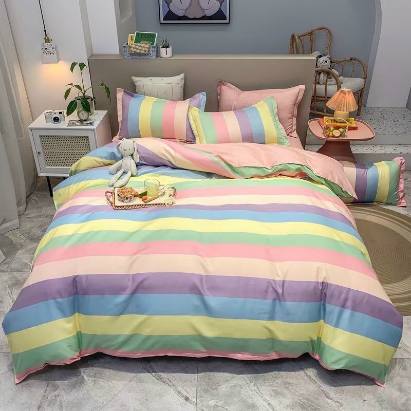 Chăn ga gối Emmibedding chất liệu cotton poly họa tiết 7 sắc cầu vồng đáng yêu đủ size miễn phí bo chun