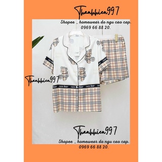 PIJAMA CỘC ĐÙI LỤA MỀN GẤU KẺ NÂU B008