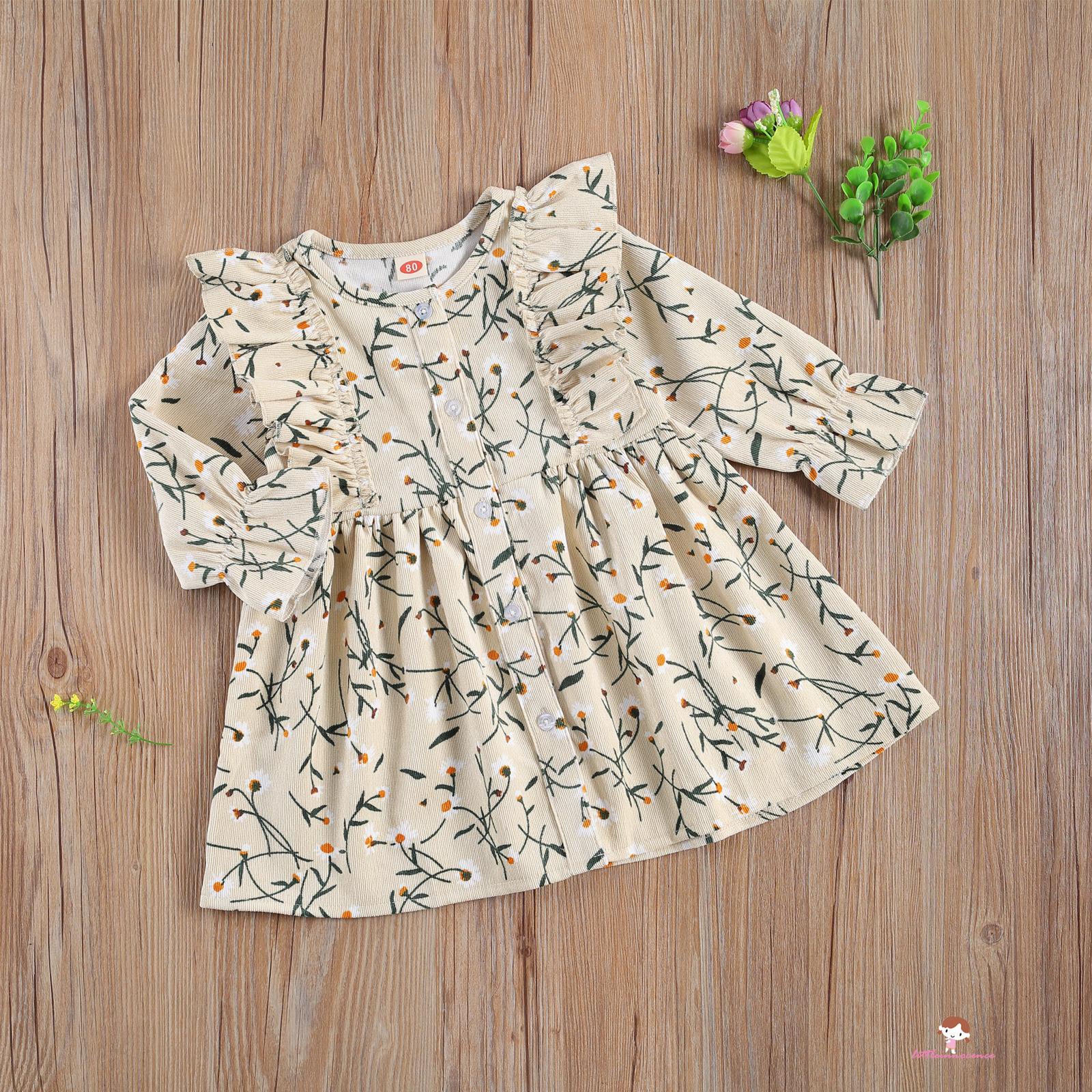 XZQ7-0-24 Months Toddler Girls Round Collar Dress Baby Long Sleeve Leaves Printing Ruffle One-piece