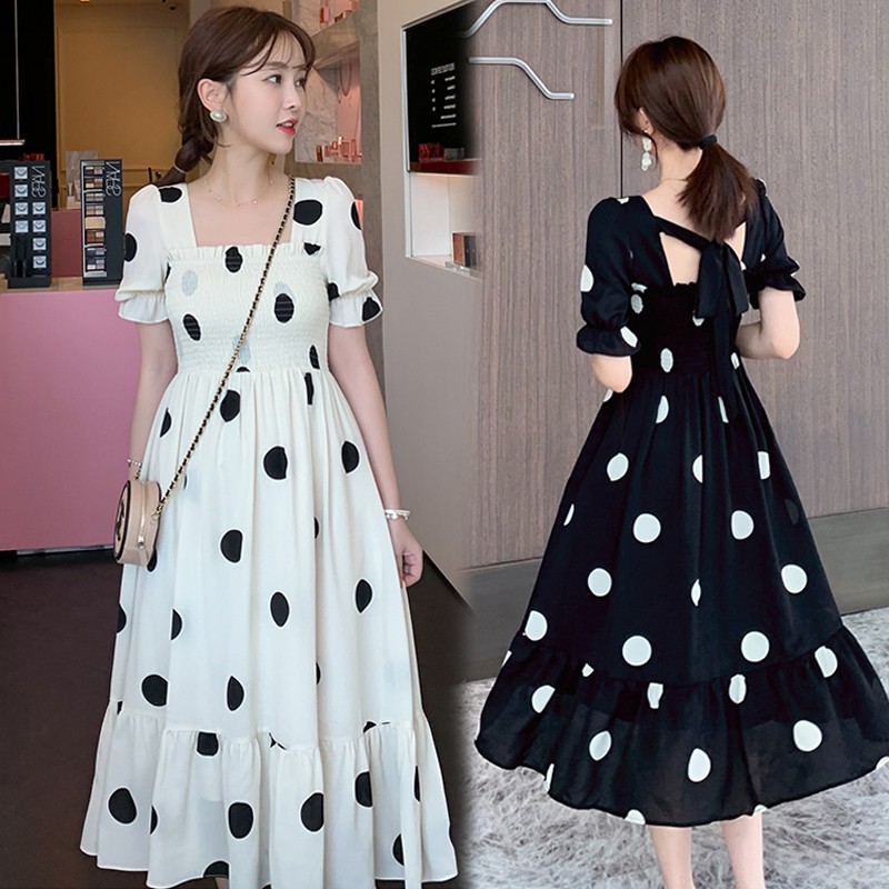 Đầm Chữ A Tay Phồng Họa Tiết Chấm Bi Phong Cách Retro Hàn Quốc