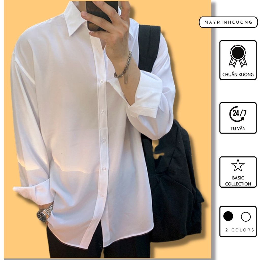 Áo sơ mi nam nữ dài tay Unisex Basic màu trắng và đen sơ mi lụa học sinh mịn mát form rộng suông - HÀNG MỚI VỀ