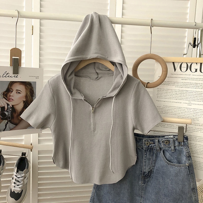 Áo Dệt Kim Tay Ngắn Có Mũ Trùm Thời Trang Mùa Hè Phong Cách Hàn Quốc Cho Nữ