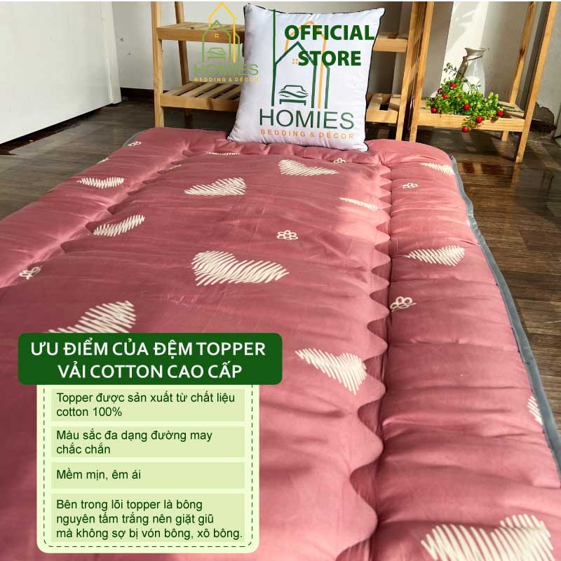 KÈM TÚI XÁCH - Topper Nệm Bông Xuất Nhật HOMIES Bedding & Décor cao cấp , Đệm Topper Tim Kẻ Hồng Nằm Văn Phòng