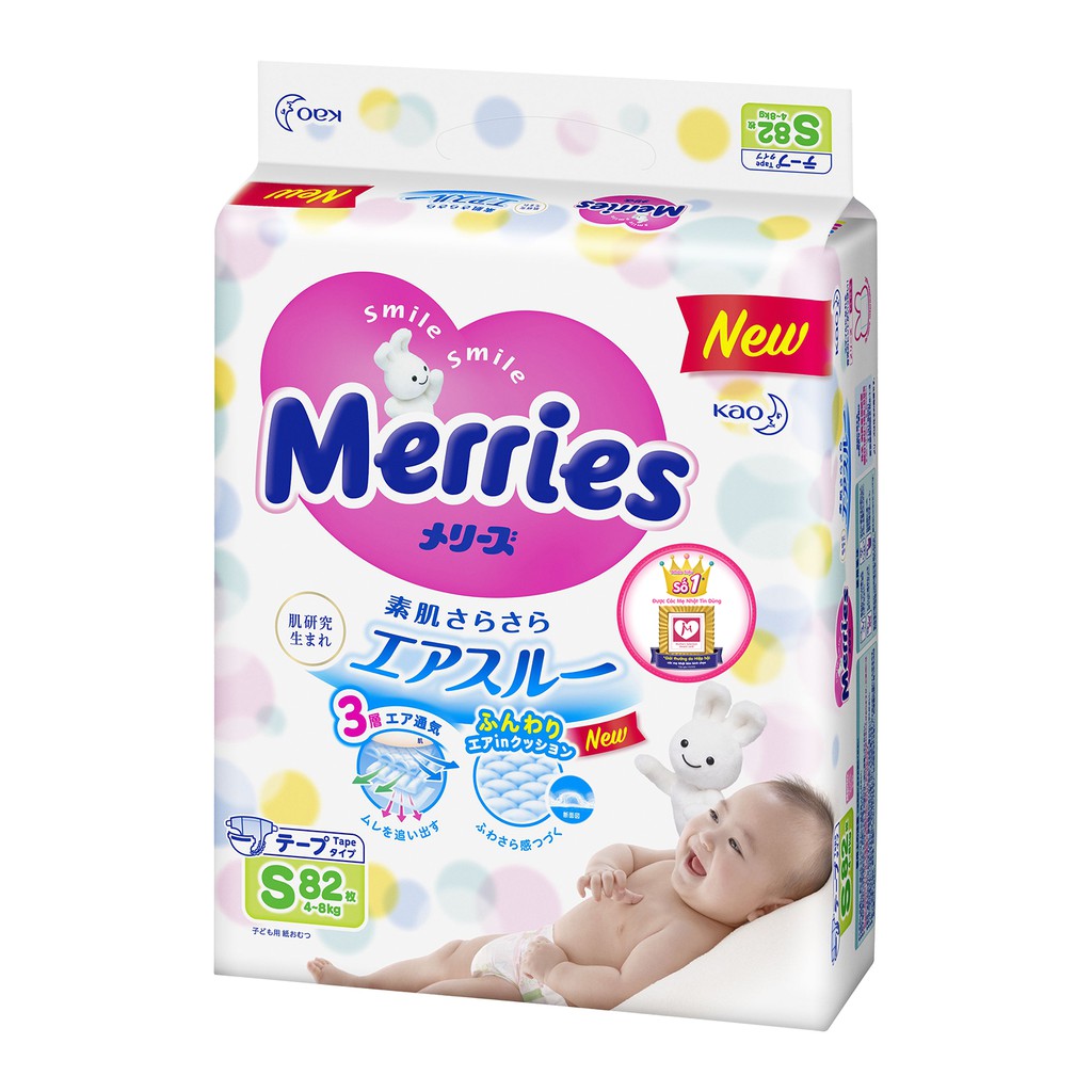 Bỉm/Tã dán Merries size S 82 miếng (cho bé 4 - 8kg)