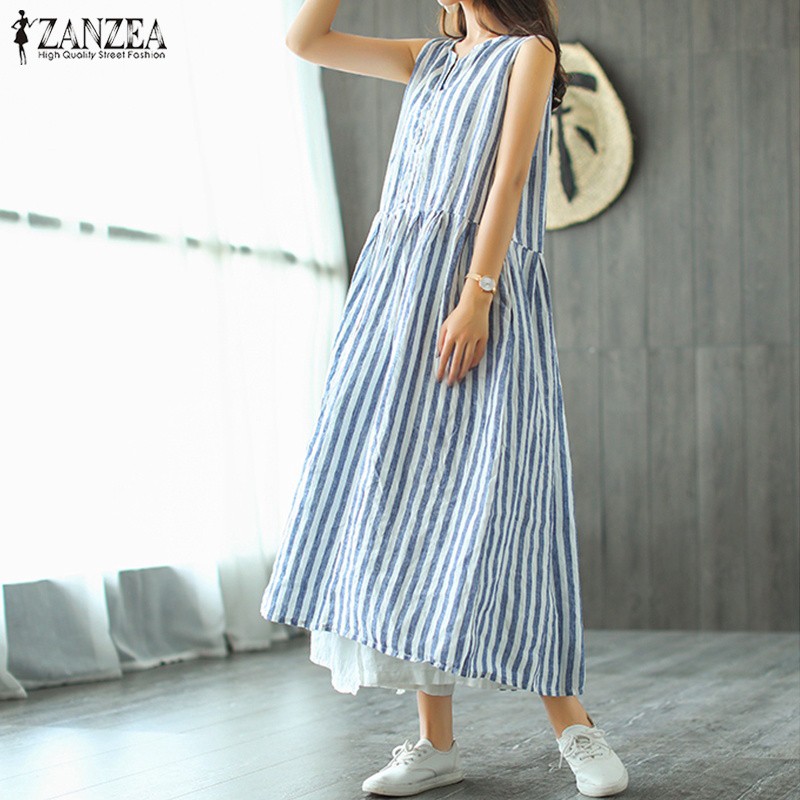 Đầm sát nách form rộng họa tiết kẻ sọc thời trang dành cho nữ | BigBuy360 - bigbuy360.vn