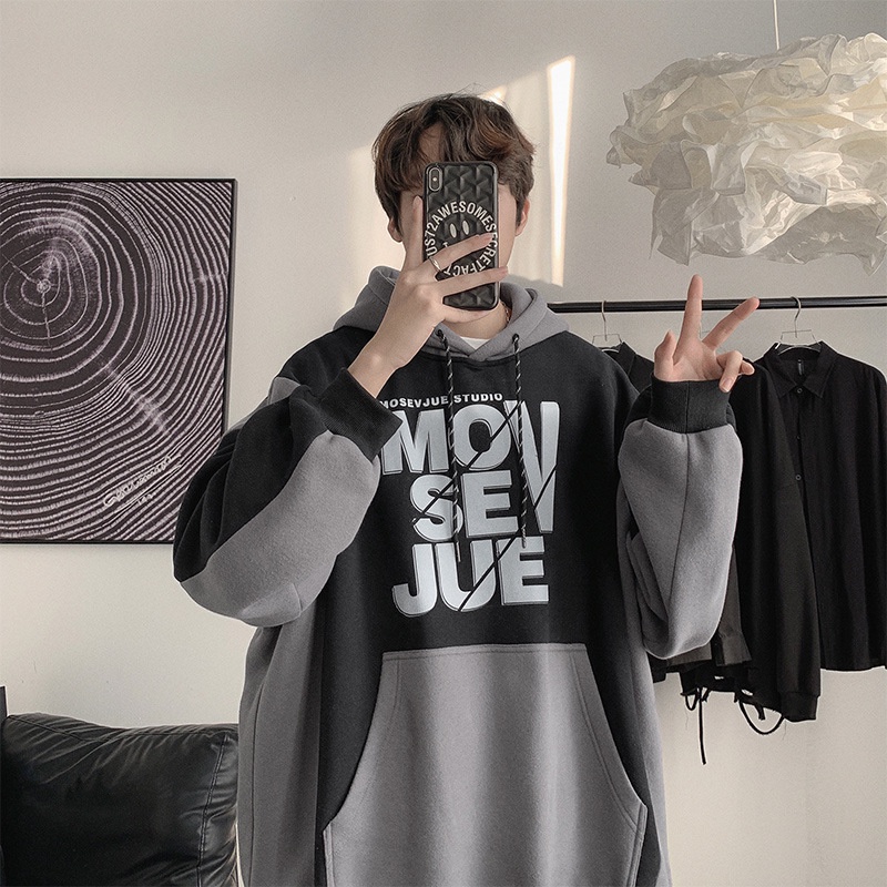 Áo Hoodie Phối Màu Tương Phản In Chữ Phong Cách Hong Kong Cho Nam