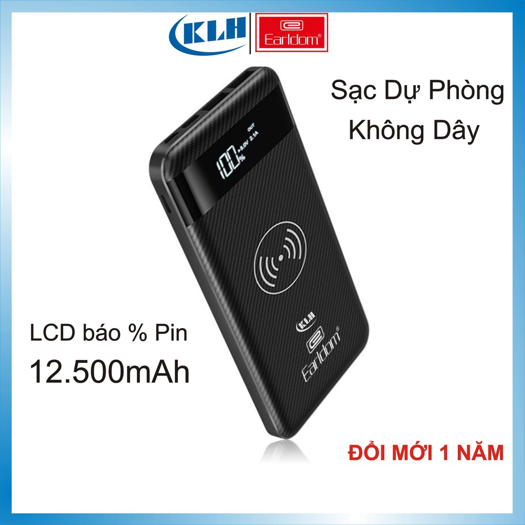 Sạc dự phòng 12.500mAh Earldom PB 08, pin tích điện sạc nhanh công suất cao nhỏ gọn dung lượng chuẩn KLH