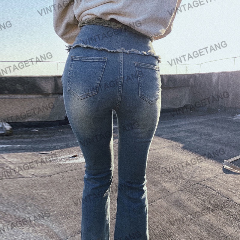 Jiashucheng Quần Jean Lưng Cao Dáng Ôm Nhẹ Nhàng Kiểu Retro Mỹ Cho Nữ
