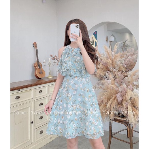 Váy đầm nữ voan hoa nhí khoét vai đi biển đi chơi Lace Dress màu xanh YAME