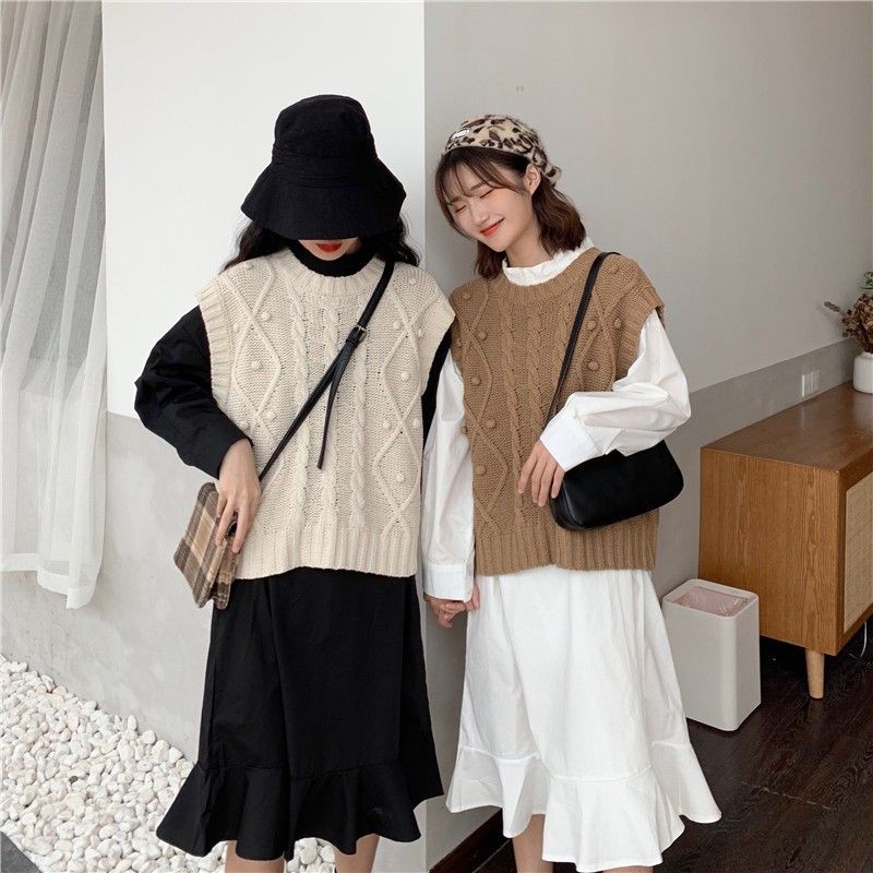 Set váy suông tay dài mix chân bèo + áo gile len thừng dáng rộng Hàng Quảng Châu