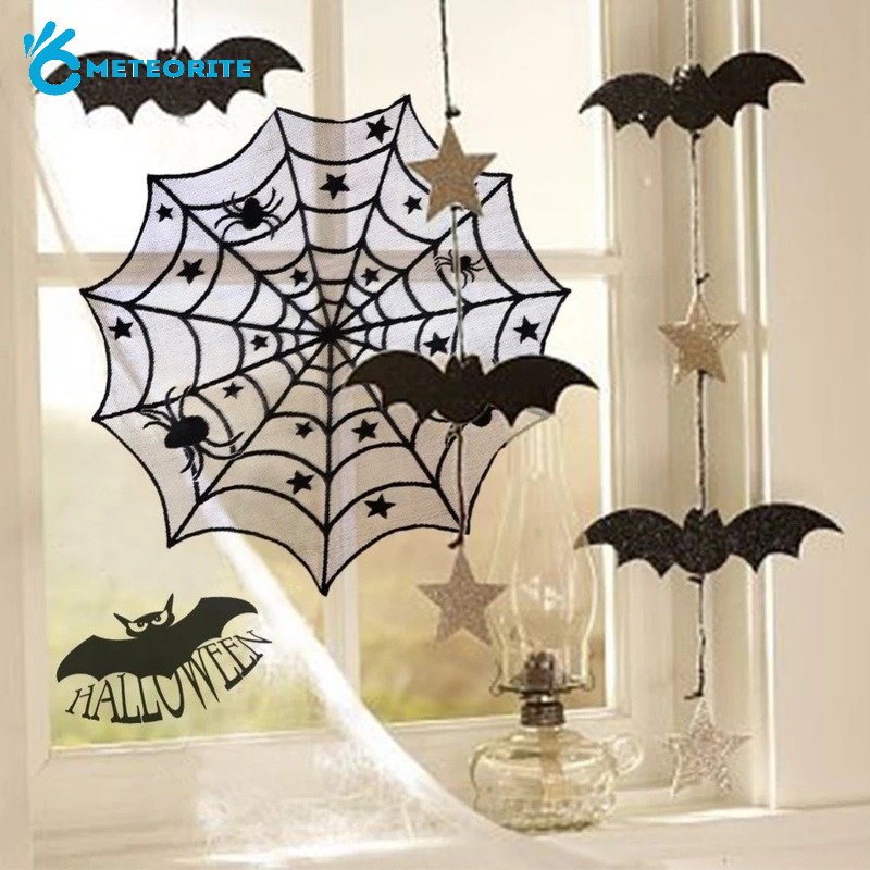 (Meteorite) Khăn Trải Bàn Tròn Bằng Ren Đen Hình Ma / Hình Học Halloween Trang Trí Nhà Cửa Tiệc Tùng