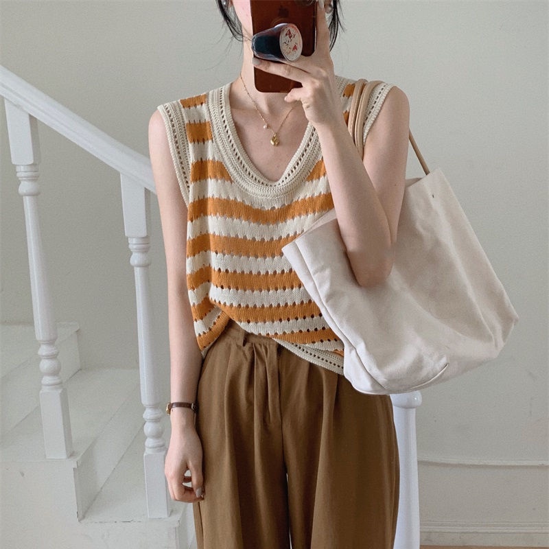 Áo Len Dệt Kim Sọc Rỗng 185245 Áo Hai Dây Cổ Chữ U Thời Trang Mùa Hè Phong Cách Retro