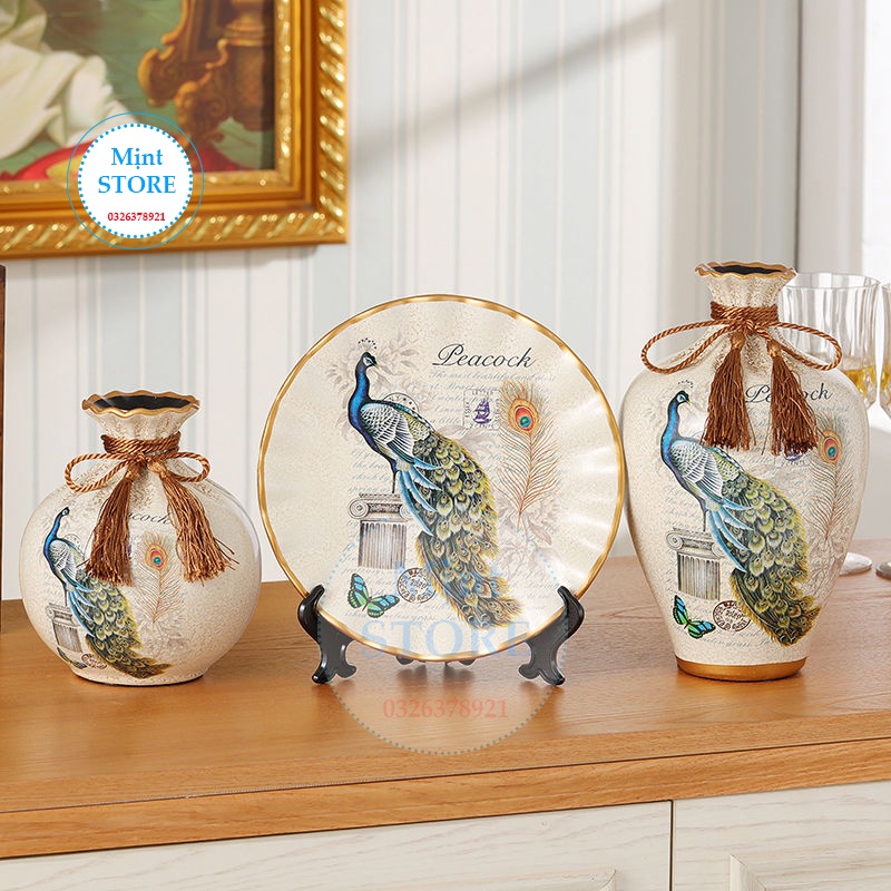 Bình hoa gốm - lọ hoa 3 món, bình công phong thuỷ MỊNT hút lộc trang trí nhà - kệ ti vi