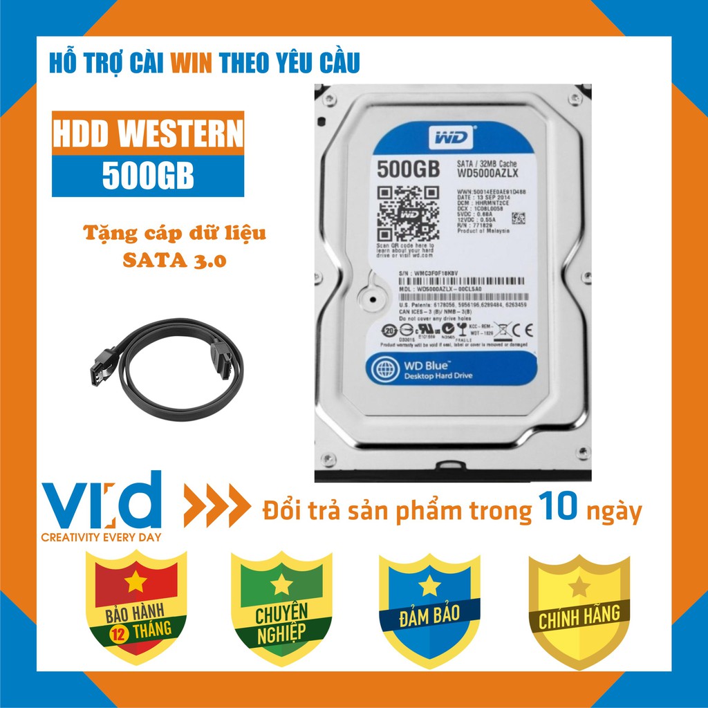 Ổ. cứng HDD 500GB Western Blue - Tặng cáp sata 3.0  - Hàng nhập khẩu tháo máy đồng bộ mới 98% - Bảo hành 12T