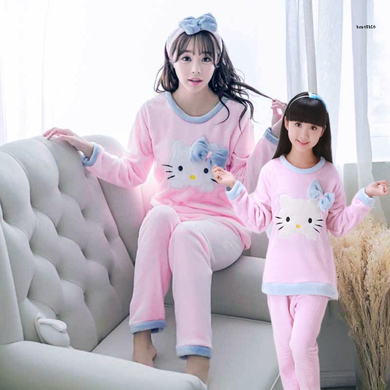 Bộ Đồ Ngủ Pijama Dài Tay Vải Lông Cừu San Hô Dày Dành Cho Mẹ Và Con Gái Vào Mùa Thu Đông