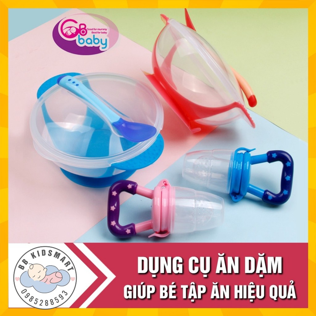 Combo ăn dặm: 1 Túi nhai GB Baby Hàn quốc loại 1 núm và 1 Bộ Bát chống đổ kèm thìa báo nóng cho bé