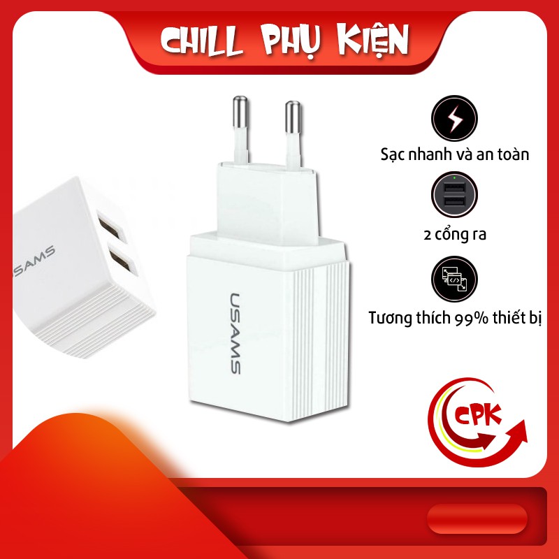 Củ sạc USAMS CC090 đầu ra kép, sạc 2 thiết bị cùng lúc/ ABS chống cháy, sử dụng lâu bền