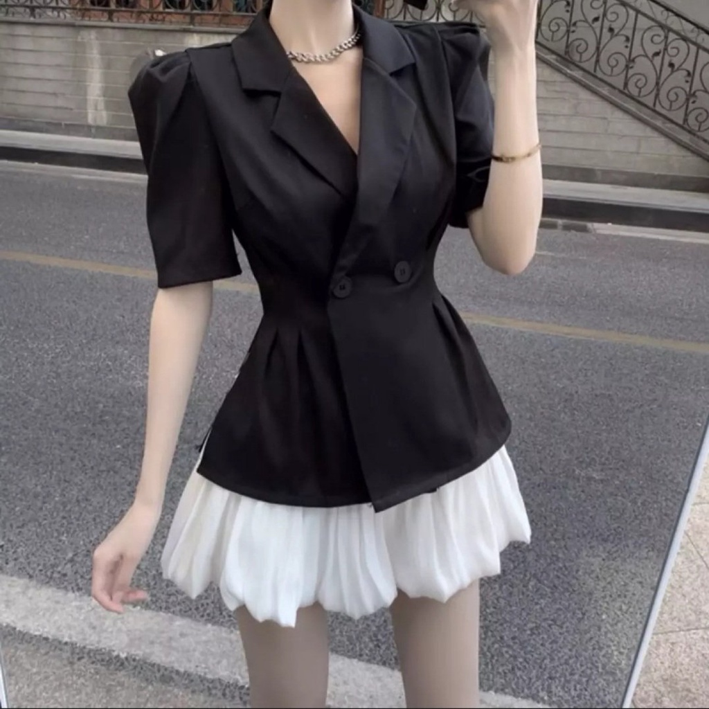 Set BỘ ÁO VÉT KÈM CHÂN VÁY Freesize TÔNG MÀU ĐEN TRẮNG TRẺ TRUNG THANH LỊCH DN0033