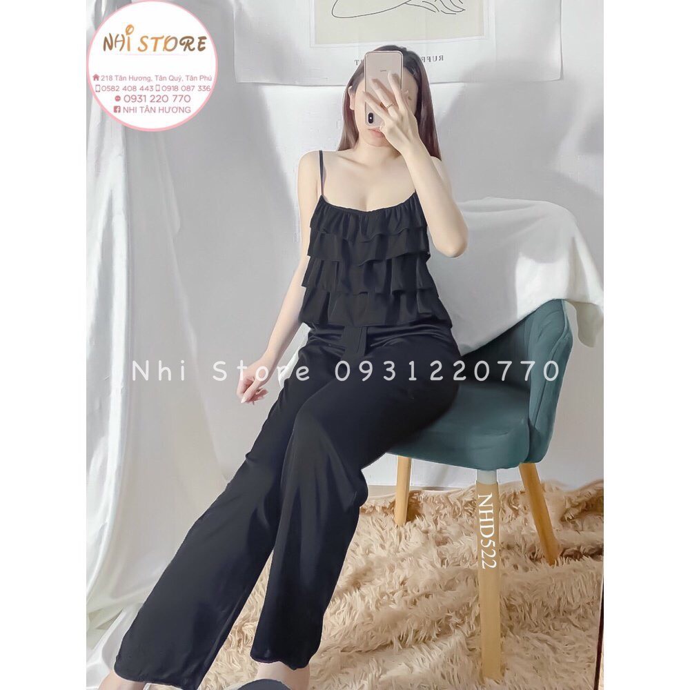 (Freeship 50k) Đồ Bộ Lụa -Bộ Lụa Áo 2 Dây Bèo 4 Tầng  Quần Dài Ống Rộng Freesize Dưới 57kg