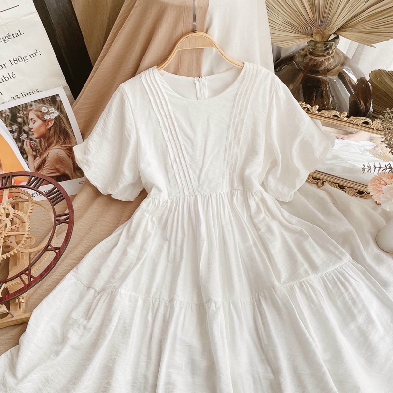 Đầm váy babydoll trắng tầng xếp li (kèm hình thật) | BigBuy360 - bigbuy360.vn