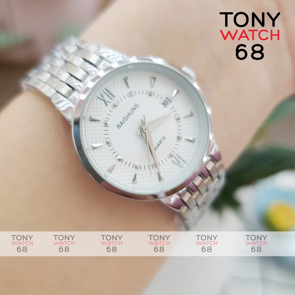 Đồng hồ cặp đôi nam nữ Baishuns mặt tròn trắng dây kim loại bạch kim chính hãng Tony Watch 68 | BigBuy360 - bigbuy360.vn