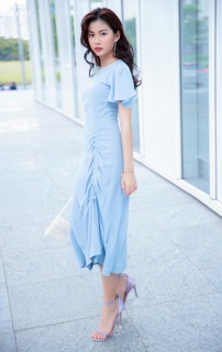 Đầm maxi blue tùng rút dây, váy du lịch dạo phố (kèm hình thật)