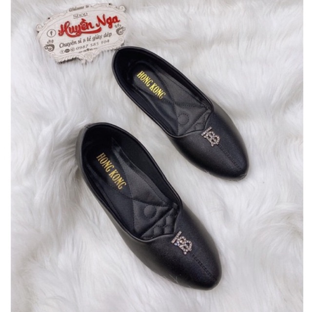 Giày búp bê nư  màu đen da mềm trơn chữ B