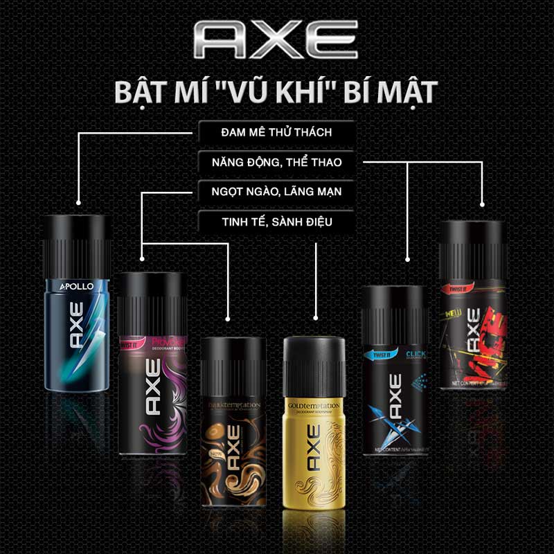 Xịt Ngăn Mùi Toàn Thân Axe 150ml với 6 hương thơm nam tính mạnh mẽ và lưu hương lâu tới 48h