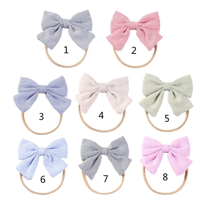 Băng Đô Nylon Co Giãn Cao Không Xương Họa Tiết Kẻ Sọc Đính Nơ Cho Bé 0-6 - 12 Tháng Tuổi