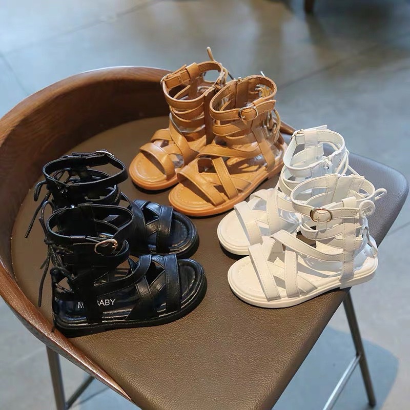 Sandal chiến binh cho bé gái cổ thấp có dây thắt chất da PU siêu mềm êm chân phong cách Hàn Quốc v653 (sz22-sz31)