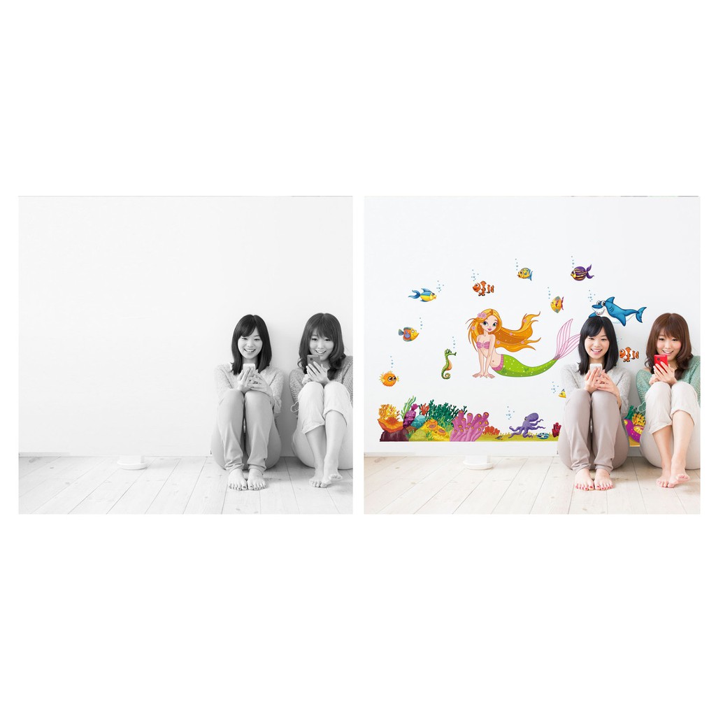 Decal dán tường, hình dán tường trang trí mẫu nàng tiên cá và những sinh vật biển đáng yêu