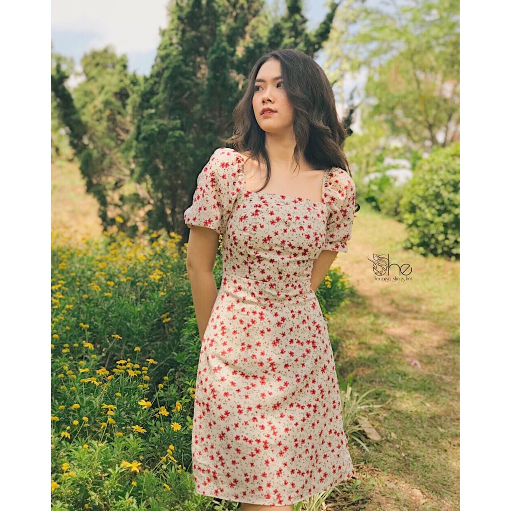 Váy cổ vuông 3 nút She, đầm nữ tay bồng dáng ôm đi chơi,công sở SD488 | BigBuy360 - bigbuy360.vn