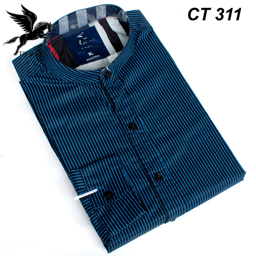 áo cổ trụ nam sơ mi sọc kẻ vải cotton mềm mát loại áo sơ mi nam cổ tàu form slimfit ASMCTD01 | BigBuy360 - bigbuy360.vn