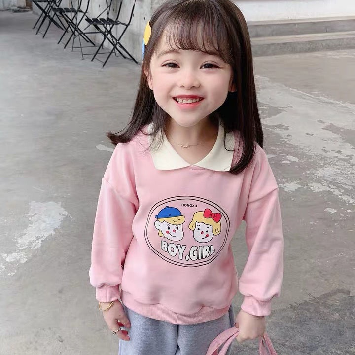 Áo sweater dài tay cổ bẻ in hình  Boy Girl  cho bé gái mặc siêu dễ thương từ 25kg đến 45kg thời trang trẻ em Dream House