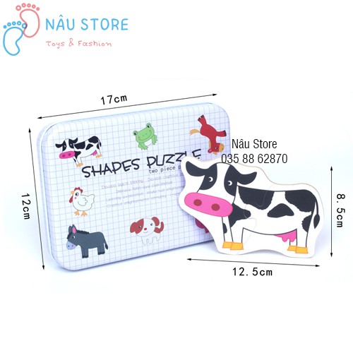 [ẢNH THẬT] Đồ Chơi Gỗ Shape Puzzle Ghép Hình Con Vật 2 Mảnh Hộp Sắt Ghép Hình Đơn Giản Cho Bé 18 Tháng Tuổi