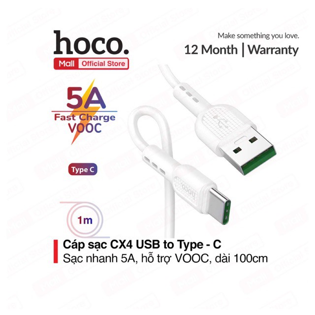 Cáp sạc nhanh Hoco CX4 USB to Type-C sạc nhanh 5A, có hỗ trợ sạc VOOC, chiều dài 100cm