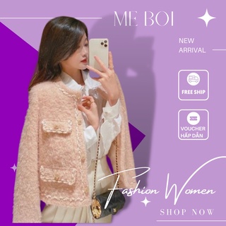 Áo khoác dạ tweed dáng ngắn màu hồng cam nữ tính