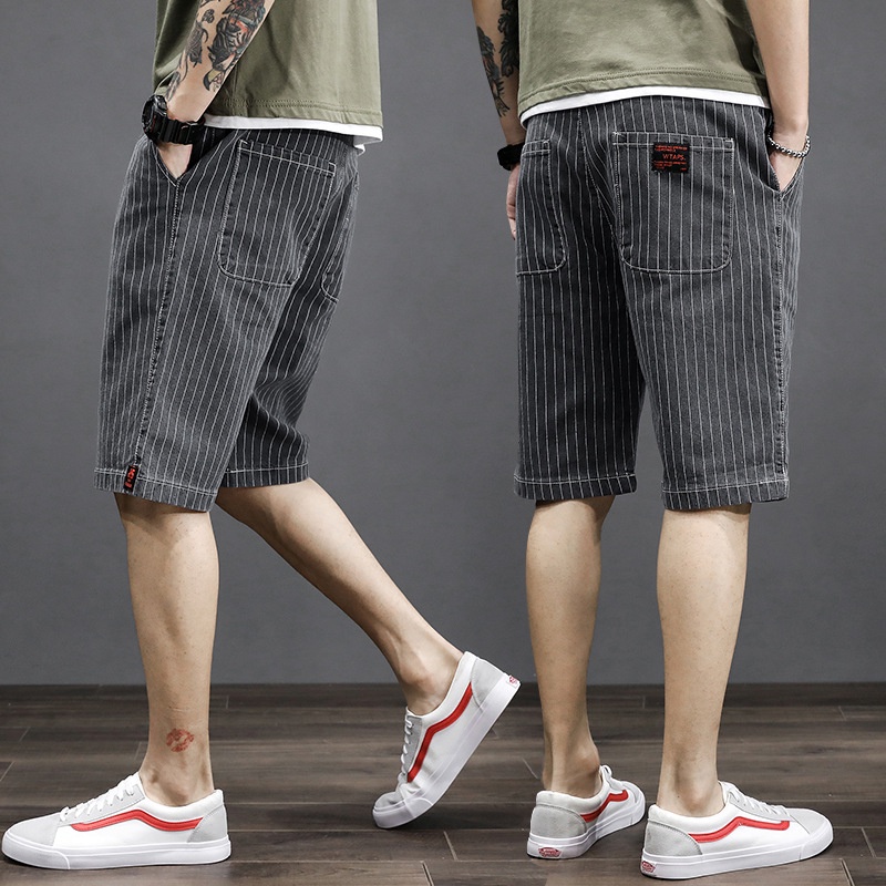 Quần short denim lưng thun ống rộng họa tiết kẻ sọc thời trang mùa hè cho nam 200 Jin