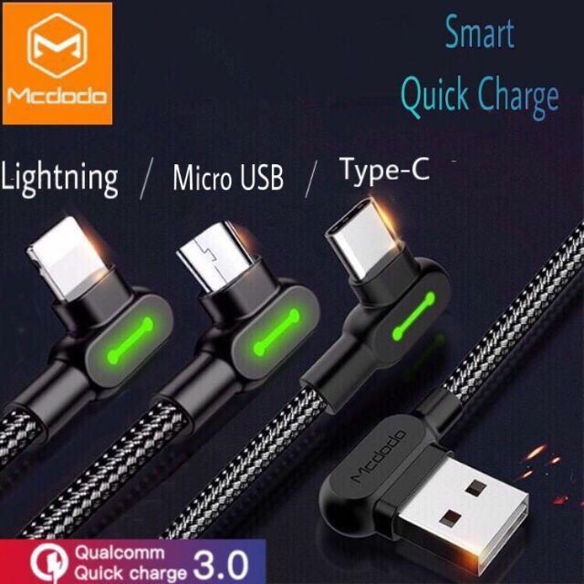 Cáp Sạc Nhanh Mcdodo Cho Điện Thoại Apple iPhone Android Micro Usb / Type-C Bẻ Góc 90 Độ Dài 0.5m 1.2m 1.8m 3m